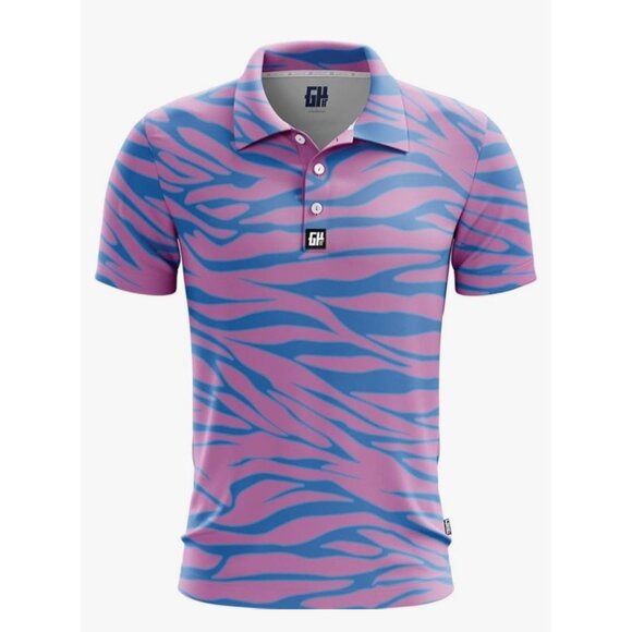 GH Greater Half Golf Top Zebra Blue Pink Short Sleeve Collared Polo S - Picture 1 of 6